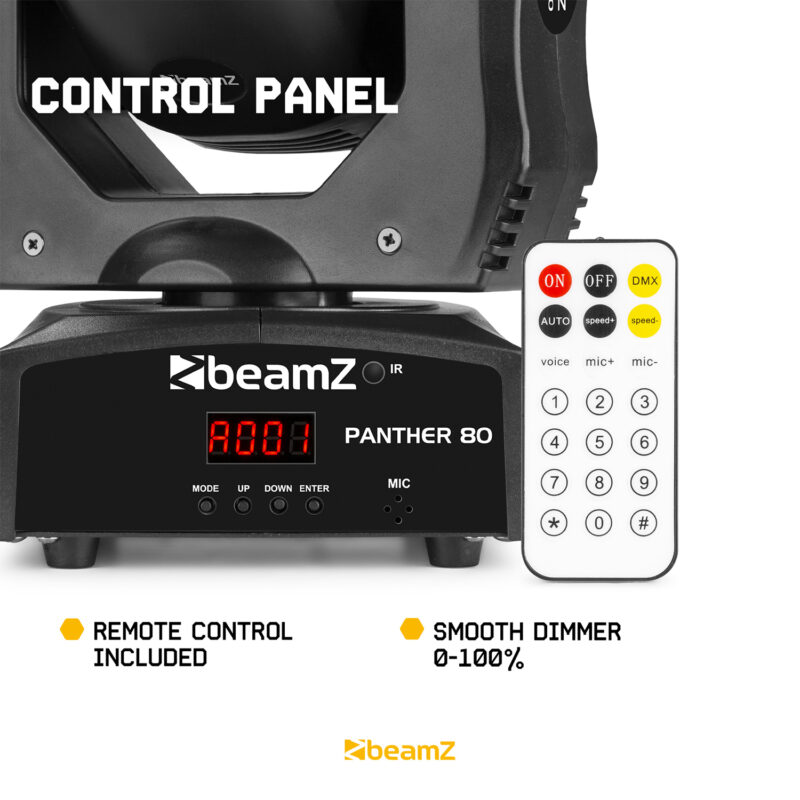 Beamz Panther 80 Moving Head Spot Light with Rotating Lenses – 6x 12W