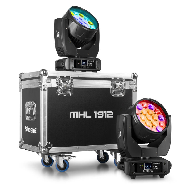 2x BeamZ MHL1912 Moving Head Wash Lights with Flight Case – 19x 12W