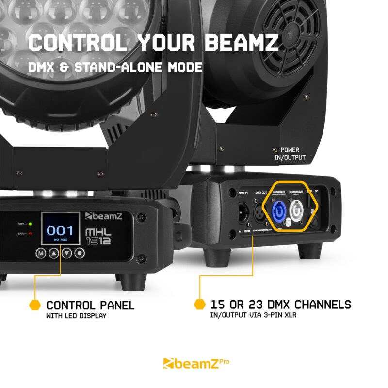 BeamZ Pro MHL1912 Moving Head Wash Light with Zoom – 19x 12W