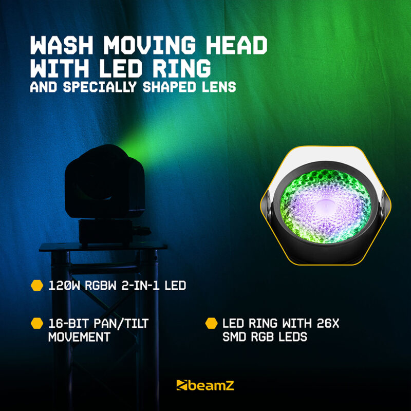 2x BeamZ Cobra Wash120 LED Moving Head Wash Light with LED Ring – 120W