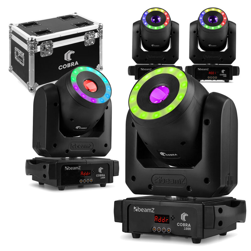 4x BeamZ Cobra 100R Moving Head Spot with LED Ring with Flight Case