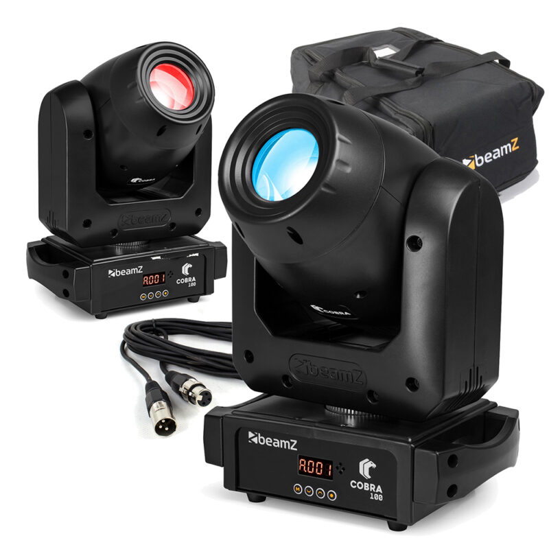 2x BeamZ Cobra 100 LED Moving Head Spot with Prism, Case & DMX Cable
