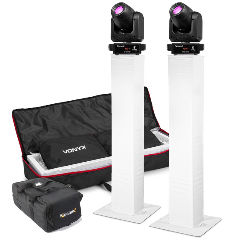2x BeamZ Cobra 100 LED Moving Head Spot Package with DJ Podiums