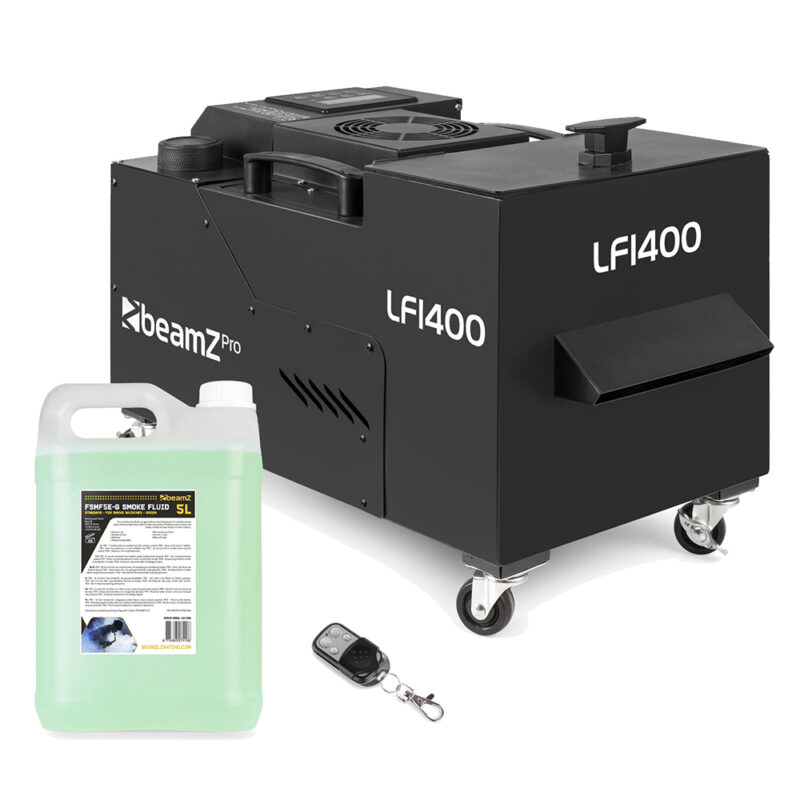 BeamZ Pro LF1400 Low Fog Machine with Ultrasonic Agitator & 5L Green Fluid