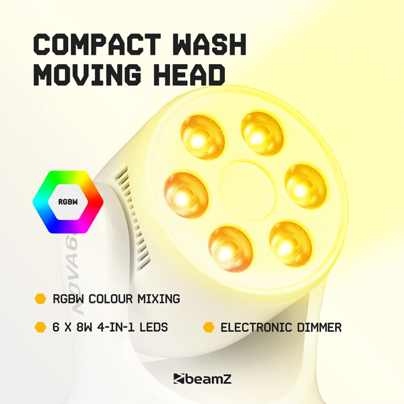 4 x BeamZ NOVA68-WH Compact Moving Head Wash Lights with 6x 8W LEDs