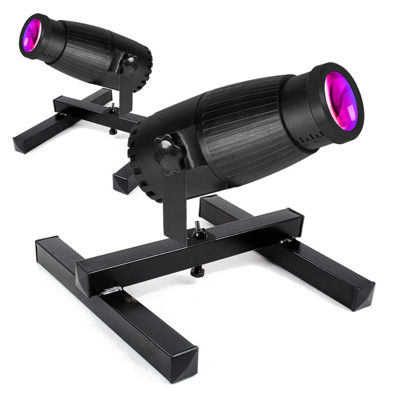 2 x BeamZ PSZ18W LED Pin Spots with Zoom & BeamZ FST1 Floor Stands