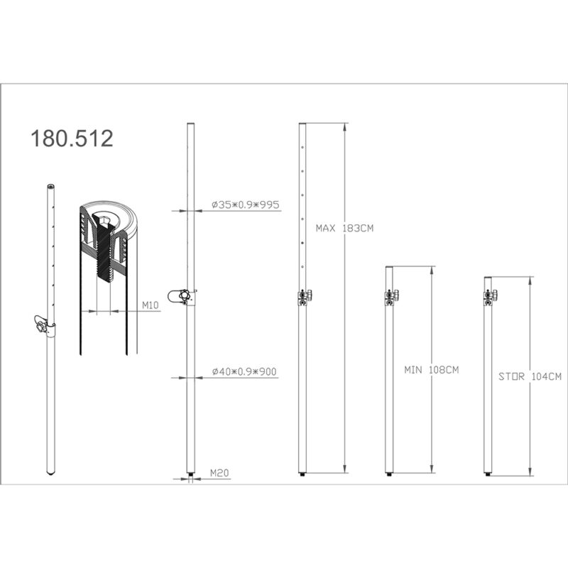 Vonyx MPS-T18M 2-Segment 35mm Distance Tube with M10 Thread – 1.8m