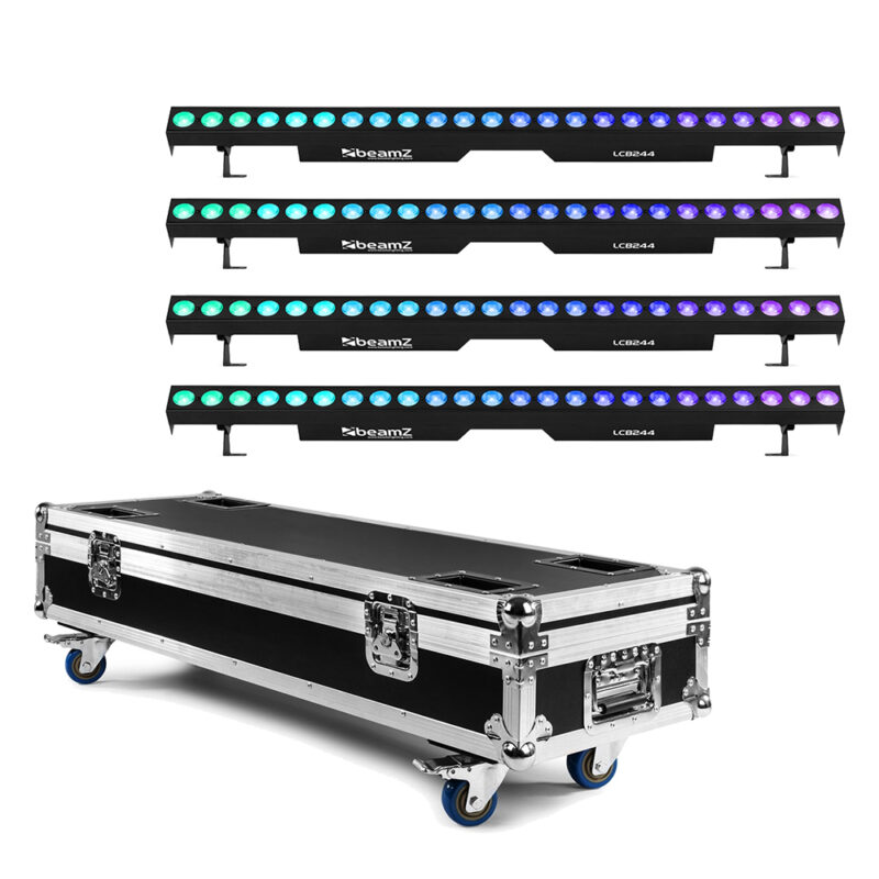 4x Beamz LCB244 Aluminium LED Light Bars – RGBW with Flight Case