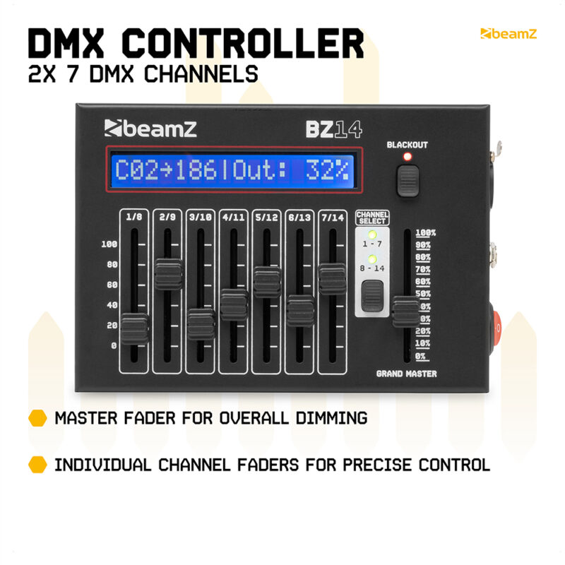 BeamZ BZ14 Compact 3-Pin DMX Controller for LED Lights – 14 Channels