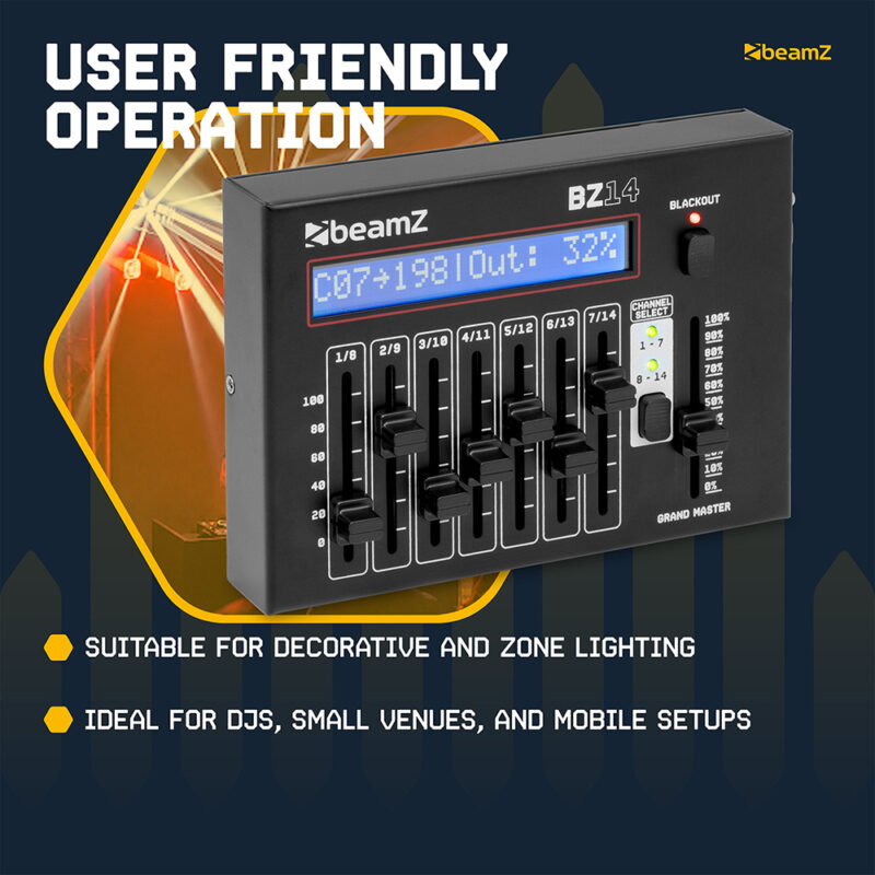 BeamZ BZ14 Compact 3-Pin DMX Controller for LED Lights – 14 Channels