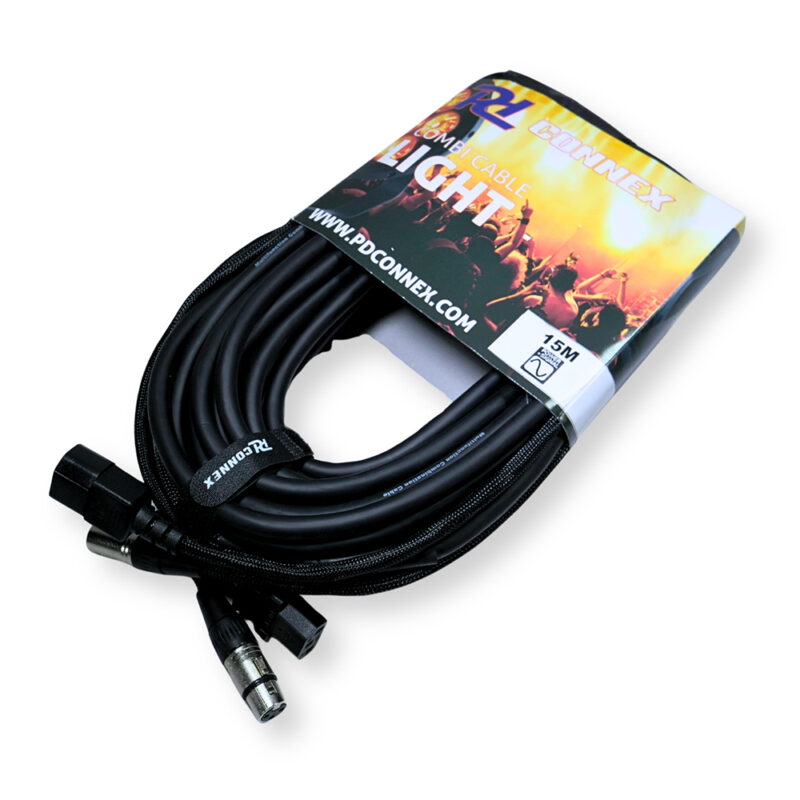 PD Connex CX09-15 Combi IEC Male/Female Power & 3-Pin DMX Cable – 15m
