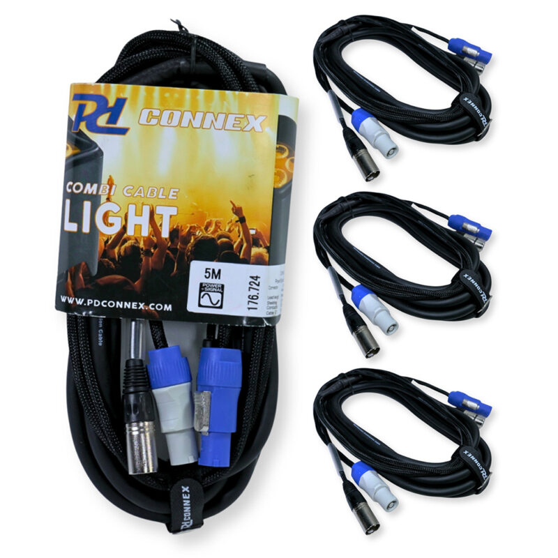 4x PD Connex CX06-5 Combi Locking Power and 3-Pin DMX Cable – 5m